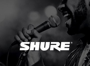 Brand Shure Shure logo with a guy singing with a microphone